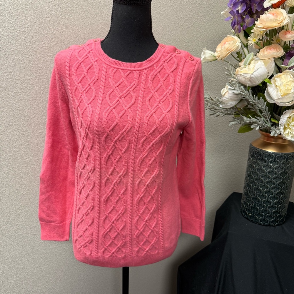 Talbots Petite Pink Cable Knit Sweater L/P Button Shoulder Classic Cozy